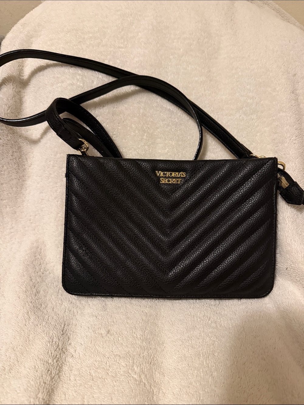 Victoria's Secret Black Quilted Chevron Crossbody Bag with Gold Logo